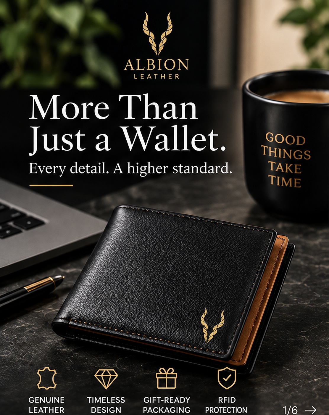 Black leather Albion Leather men’s wallet with tan interior, card storage and RFID option.