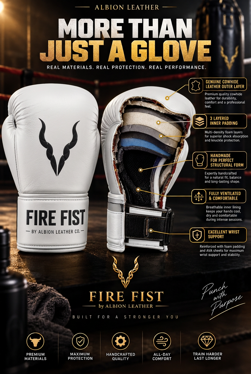 Fire Fist Titan boxing glove dissection showing genuine cowhide leather, three-layer inner padding, handmade construction, full ventilation and wrist support