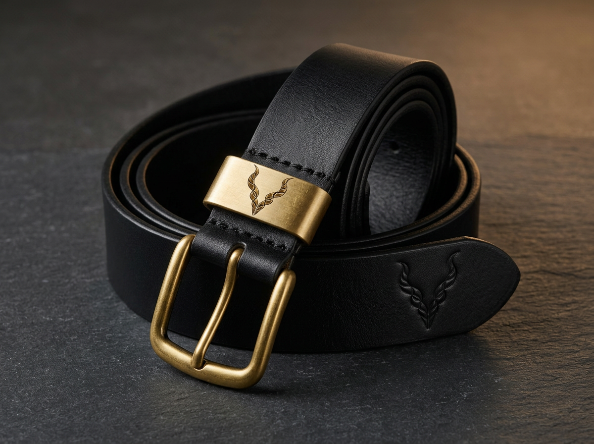 Black leather belt with a brass buckle engraved with the Albion horn emblem