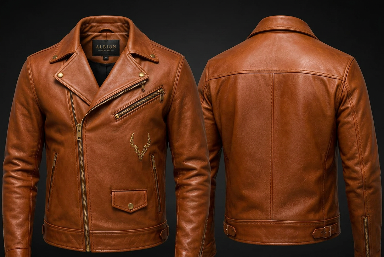 Cognac leather biker jacket with the gold Albion horn emblem