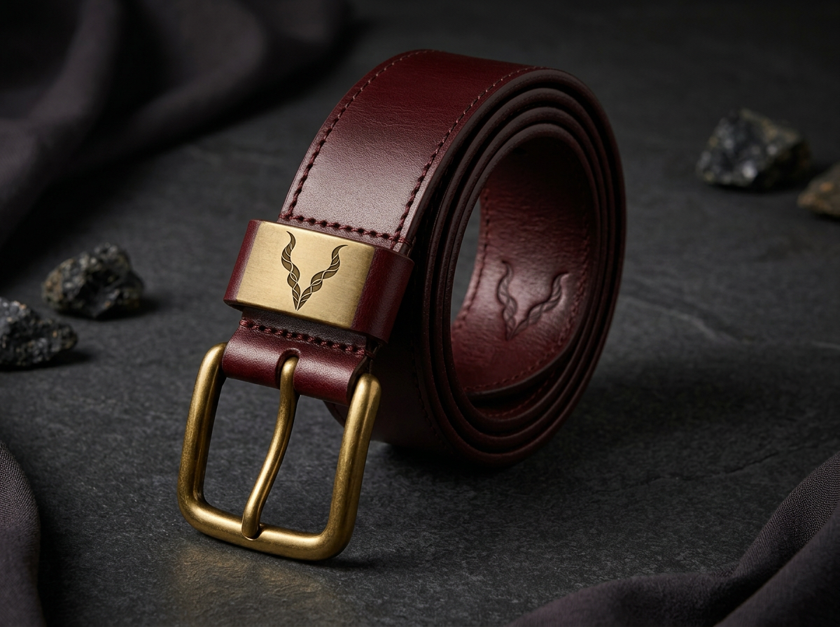 Oxblood burgundy leather belt with a brass buckle engraved with the Albion horn emblem