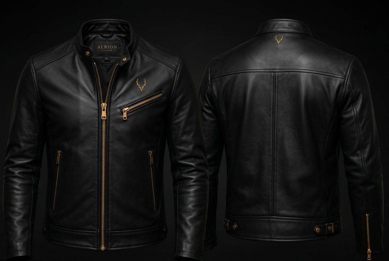 Black leather racer jacket with gold zips and the Albion horn emblem
