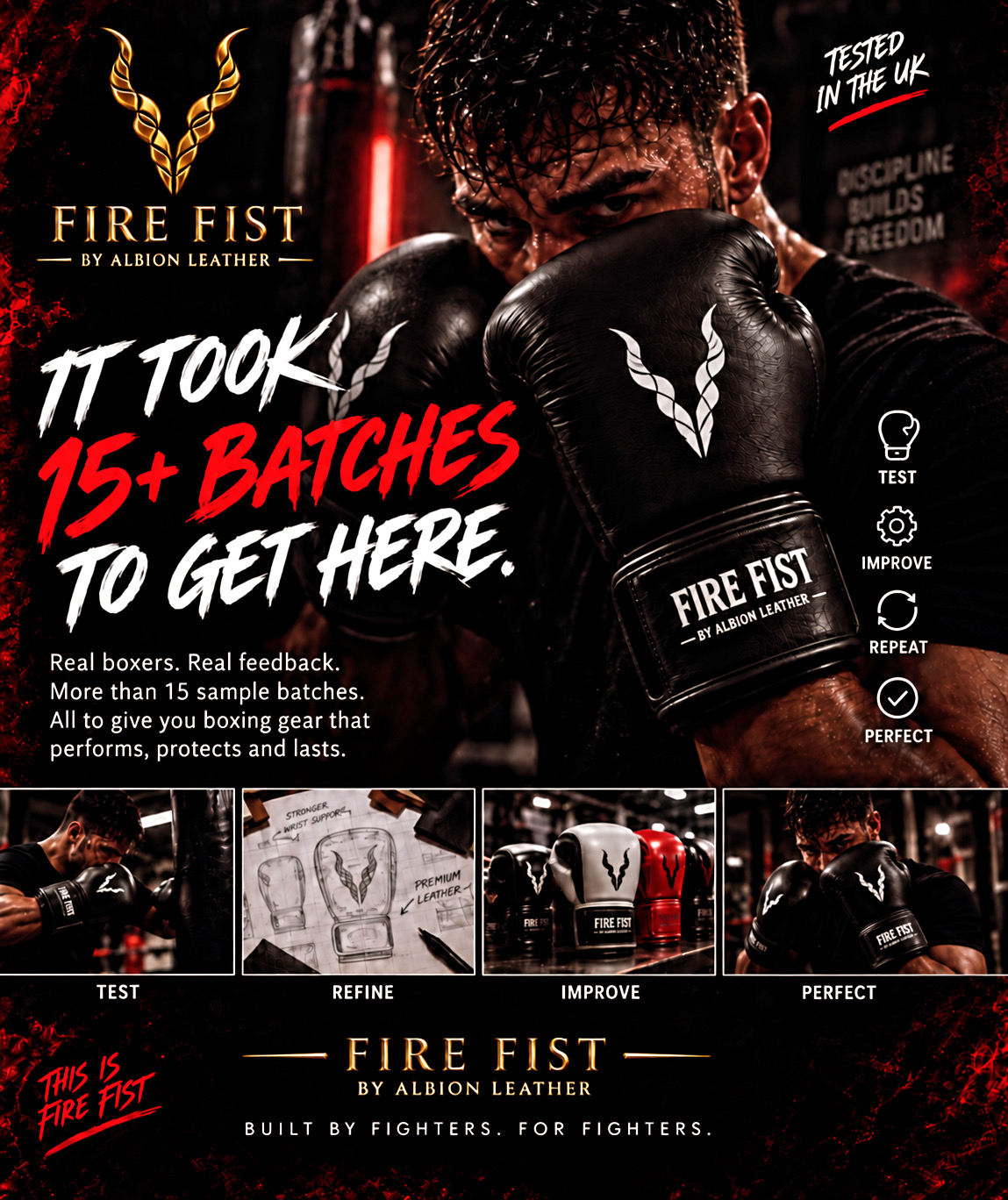 Fire Fist boxing gloves tested by UK boxers during product development.