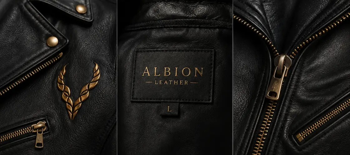 Close-up details of Albion leather jacket hardware, zips and embossed horn emblem
