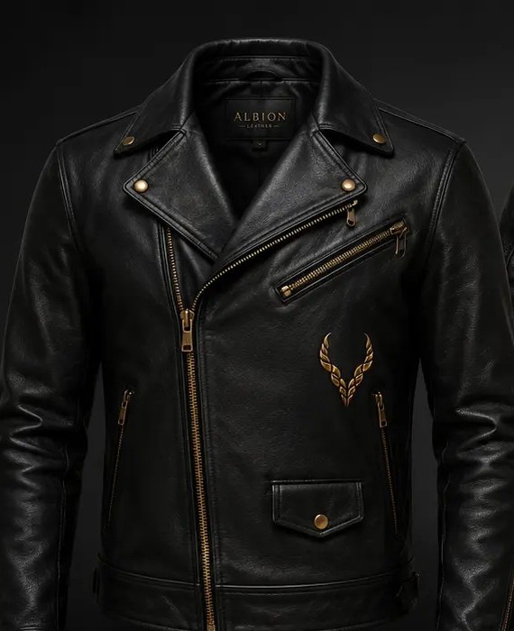 Black leather biker jacket, front and back views, with the gold Albion horn emblem