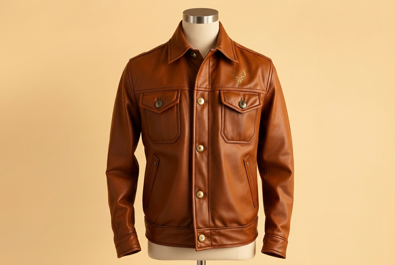 Cognac leather trucker jacket with brass buttons and the Albion horn emblem