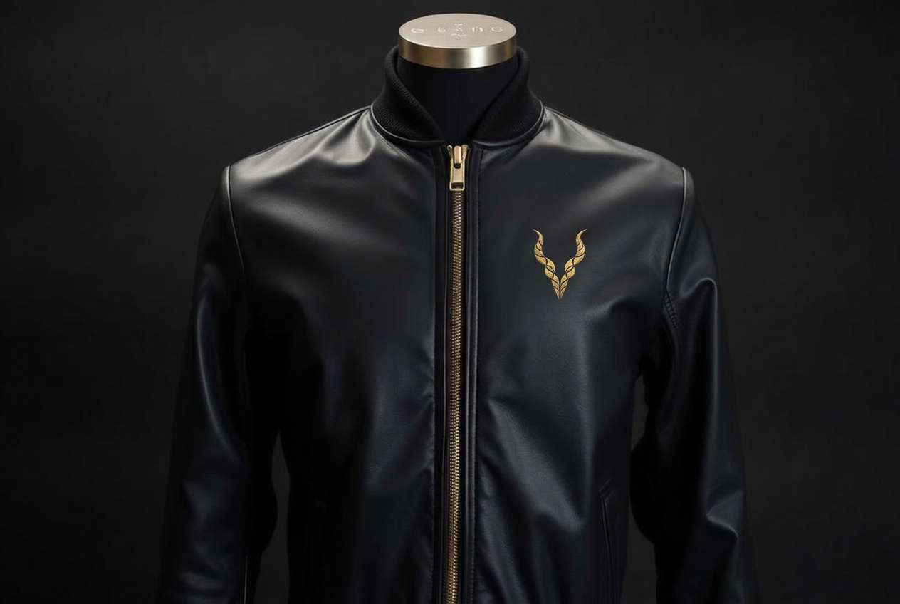 Black leather bomber jacket with ribbed collar and the gold Albion horn emblem
