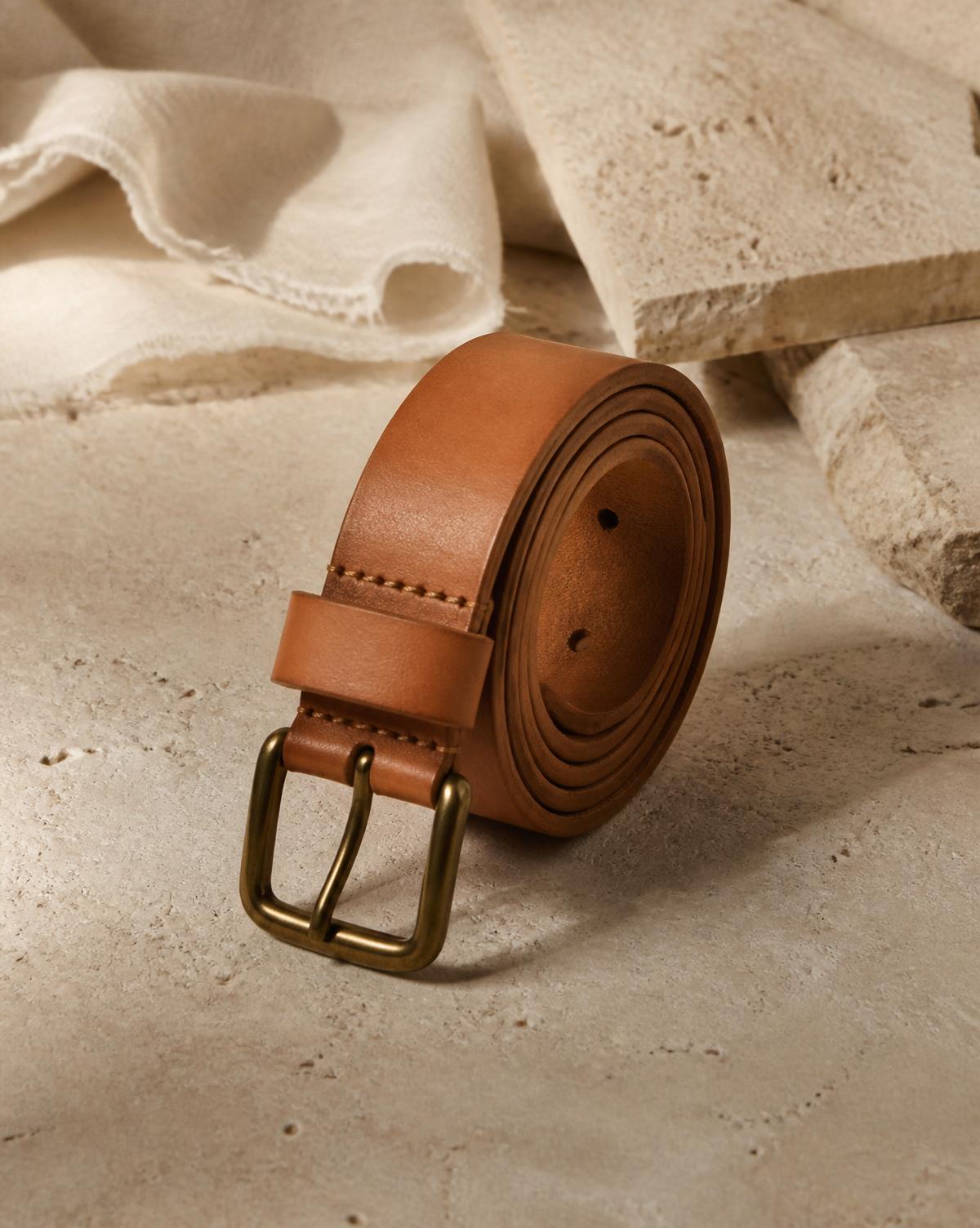 Tan leather belt with antique brass buckle