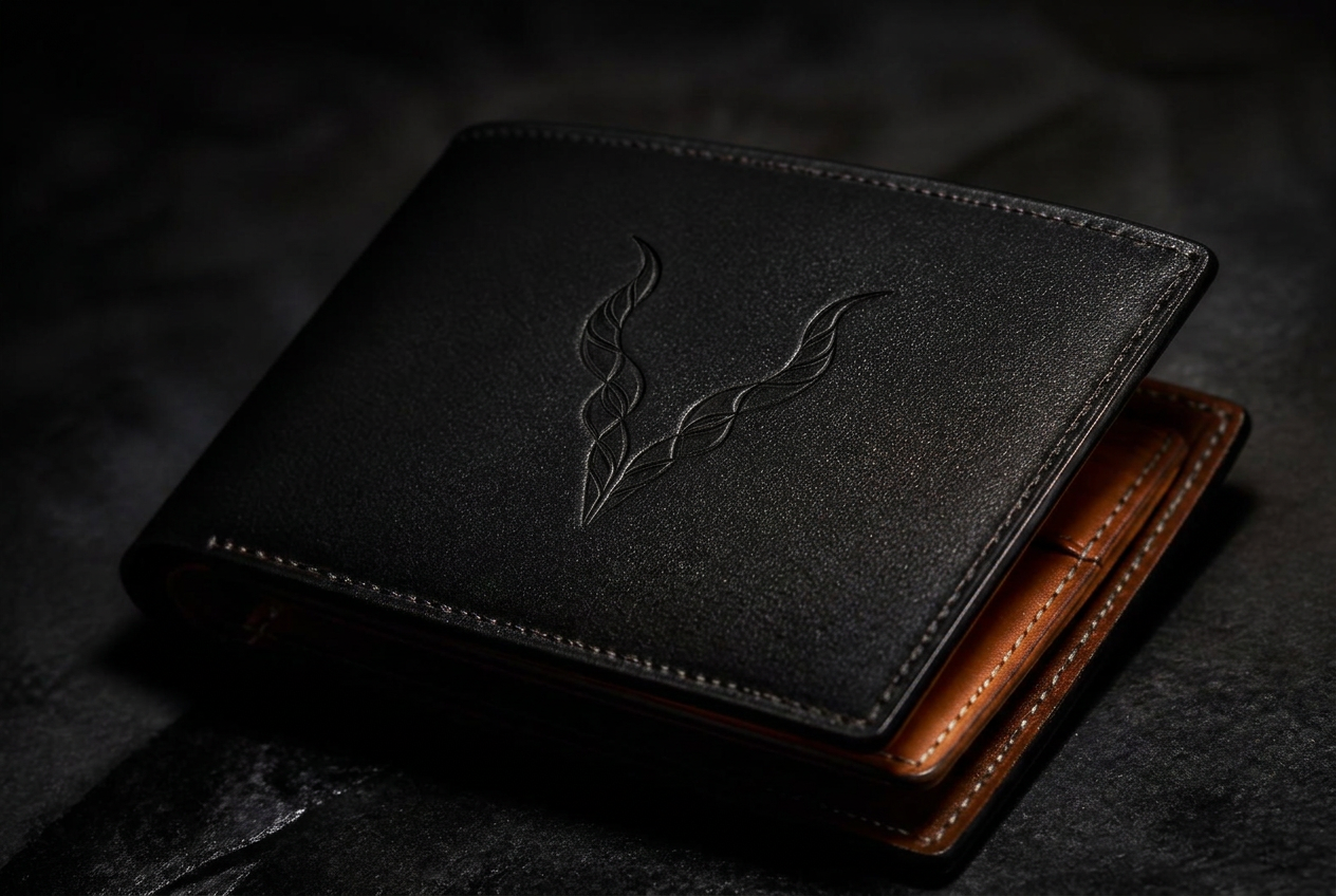 Black leather wallet revealing a tan interior in low light