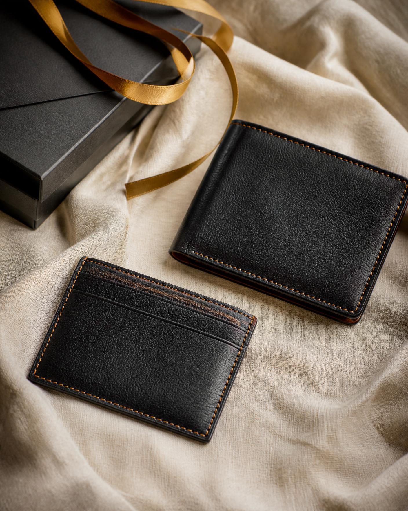 Black leather bifold and card holder with tan stitching beside a dark gift box