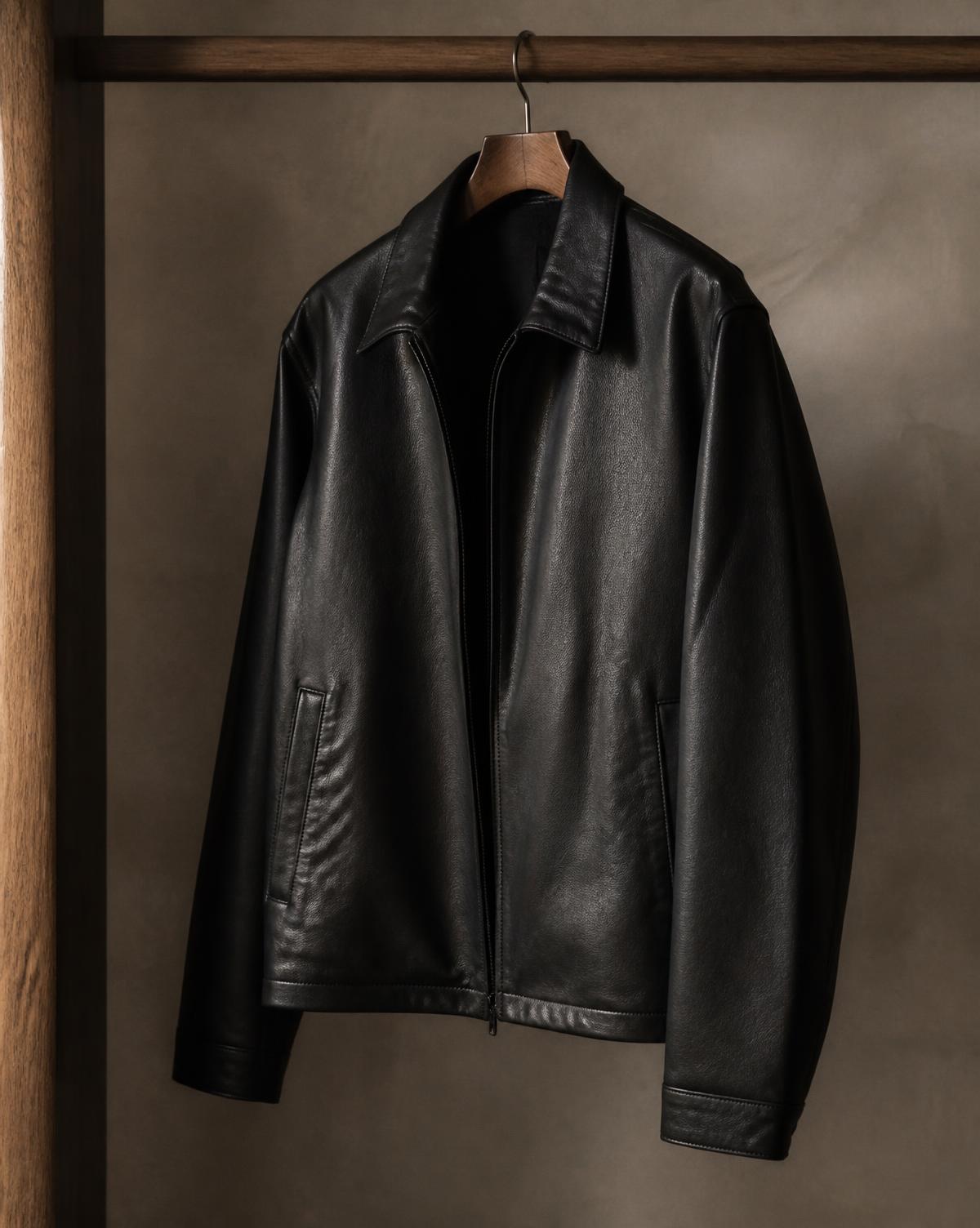 Black leather jacket on a wooden rail